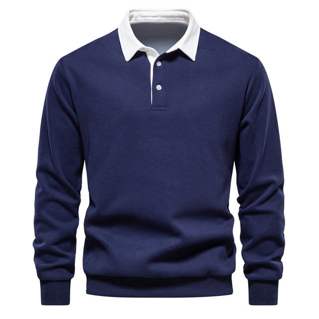 Long sleeve men's polo pullover in a modern design. Excellent for refined everyday casual style.