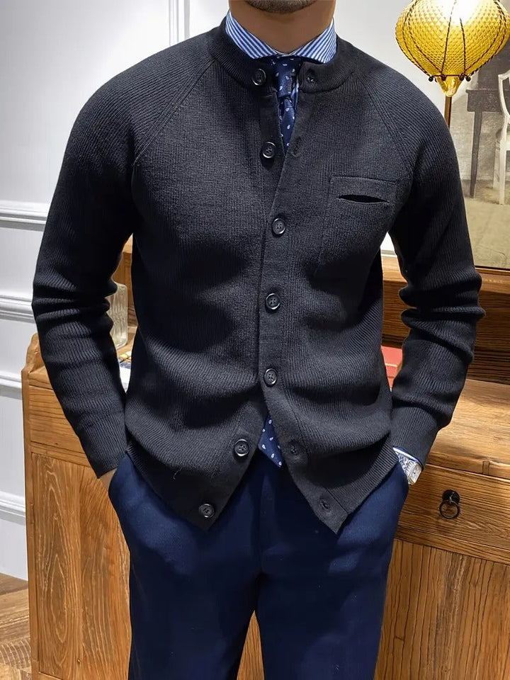 Men's modern ribbed cardigan sweater, button front. Ideal for layering, smart casual, and versatile men's fashion.