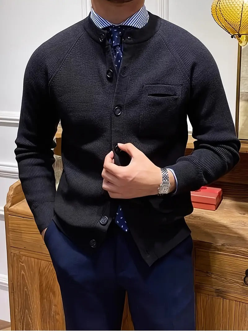Stylish men's ribbed knit cardigan with button front. Comfortable all-season layering piece for modern fashion.