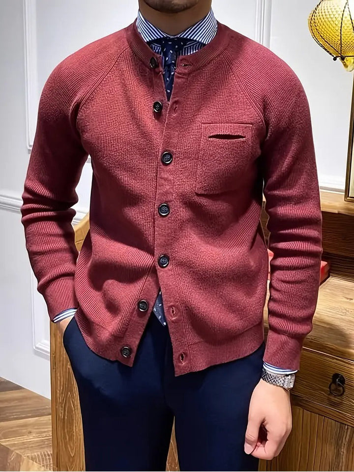 Versatile men's button-front ribbed cardigan sweater. Perfect for casual or smart casual layering year-round.