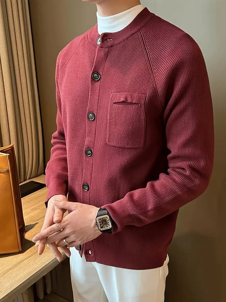 Comfortable men's crew neck ribbed cardigan sweater. A modern button-front layering piece for everyday style.
