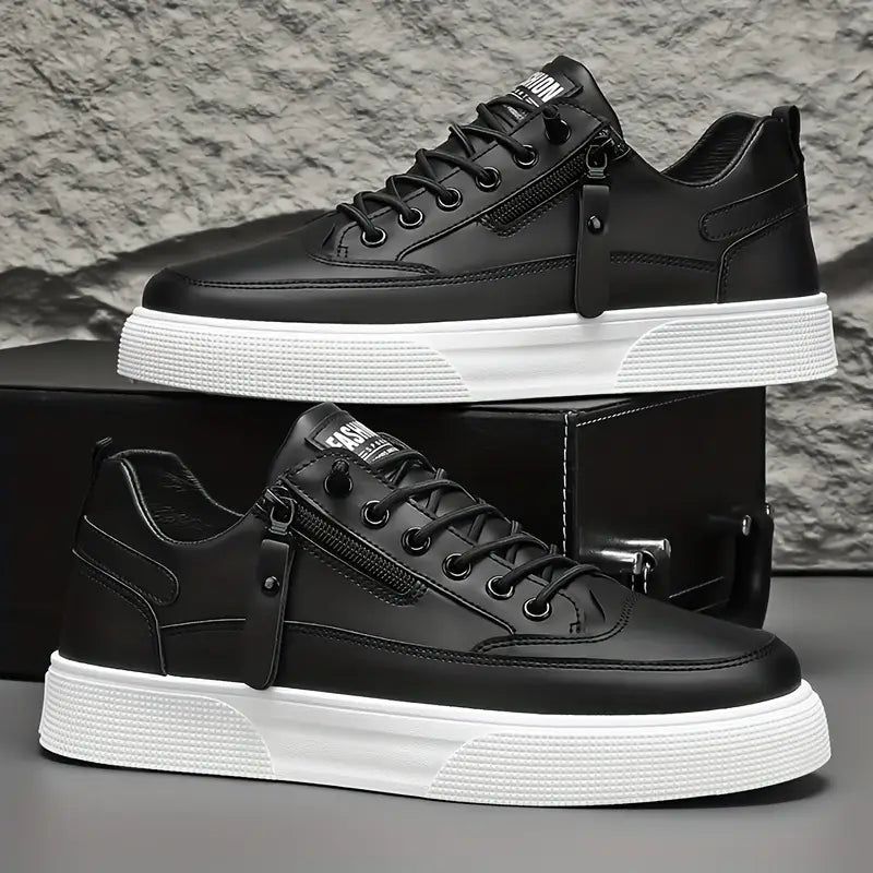 Black men's modern side-zip sneakers, perfect for casual everyday wear & street style. Comfortable.