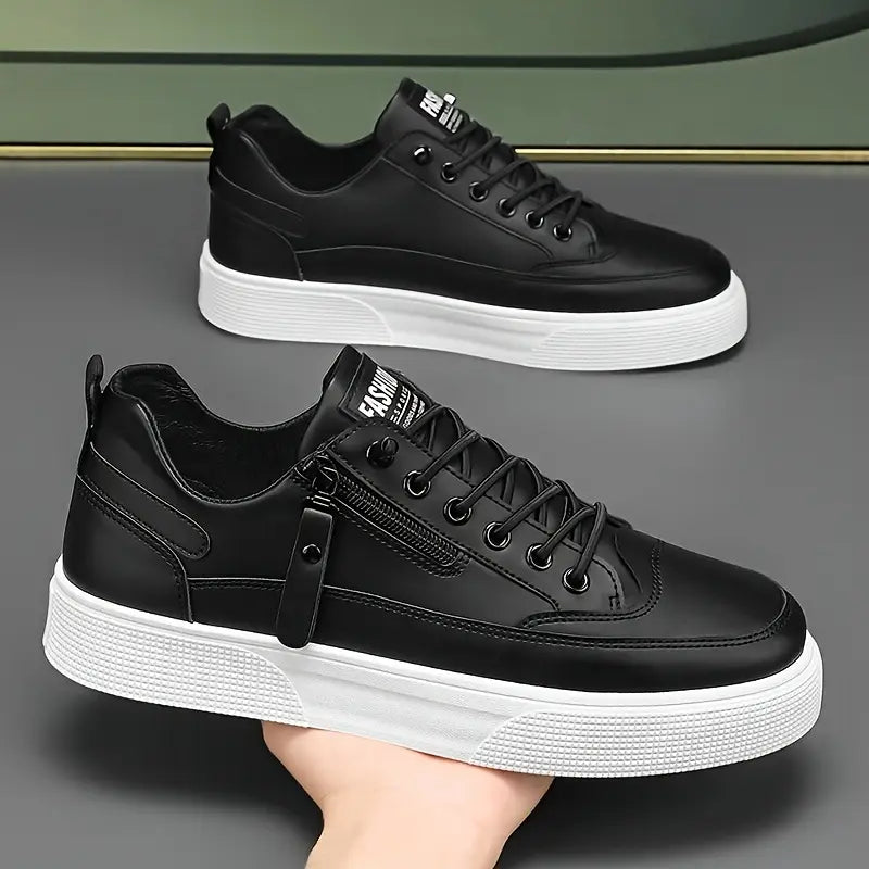 White men's modern side-zip sneakers, stylish & comfortable for everyday fashion. Street style footwear.