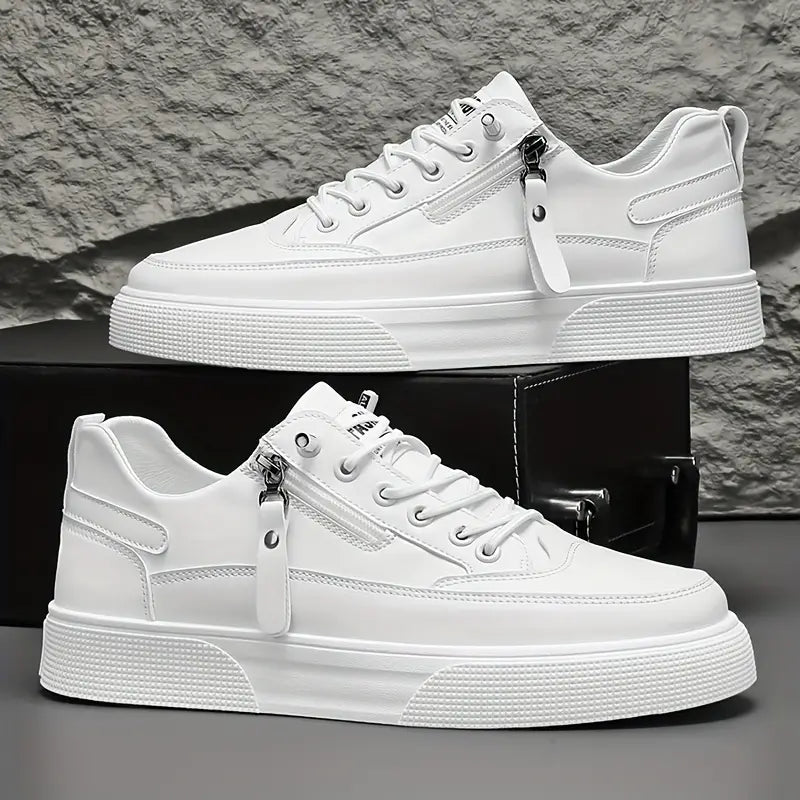 Crisp white men's side-zip sneakers, adding a stylish, modern touch to everyday outfits. Comfortable.