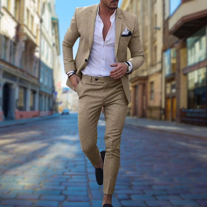 Close-up of a men's professional slim fit suit jacket lapel and fabric. Ideal business attire and modern formal wear.