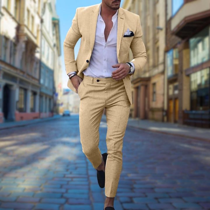 Sharp-looking men's slim fit suit, offering a professional and modern look. Great for formal events & business attire.