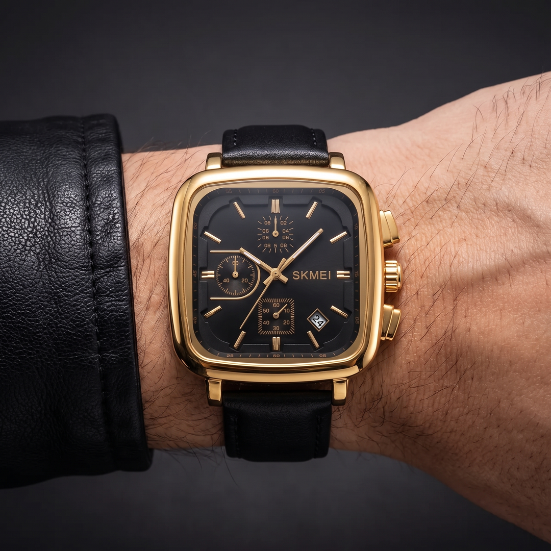 Men's modern square dial quartz watch, minimalist design. A sleek, durable timepiece for everyday wear.