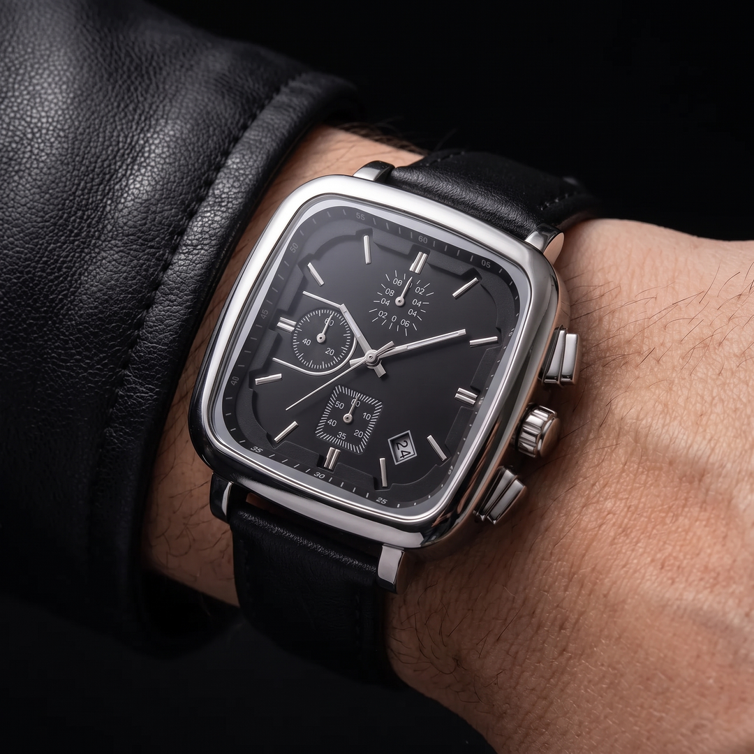 Gold tone men's modern square dial quartz watch, water resistant. Stylish and durable men's accessory.