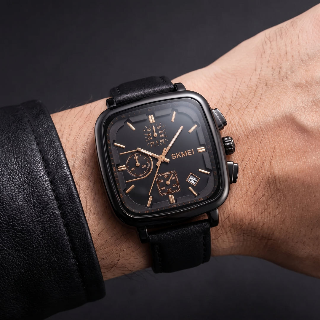 Silver tone minimalist men's square dial quartz watch, durable for everyday wear. Modern men's accessory.