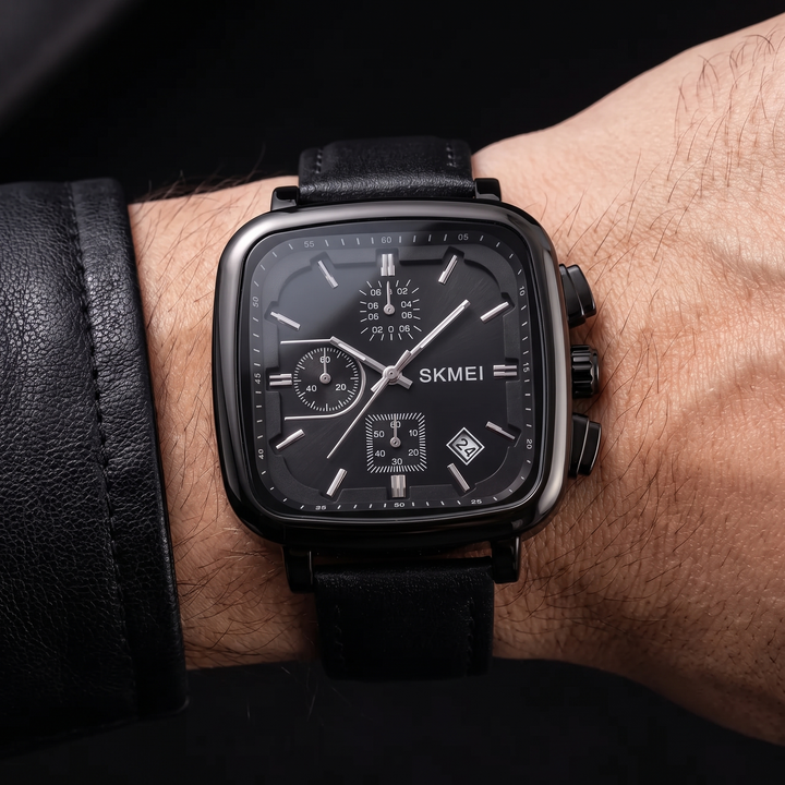 Black men's modern square dial quartz watch with minimalist face. A sleek, water-resistant men's accessory.