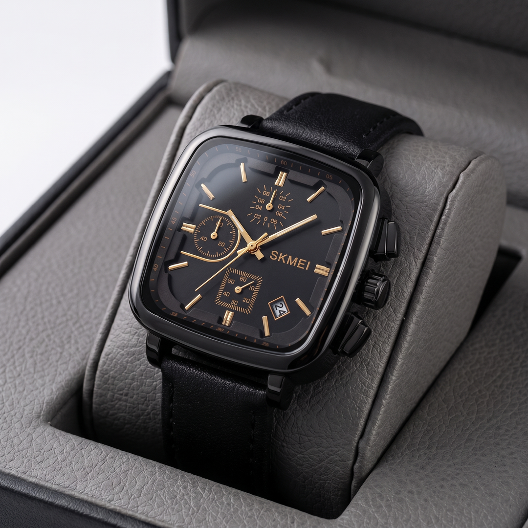 Stylish men's accessory: modern square dial quartz watch in minimalist design. Gold, silver, or black finish.