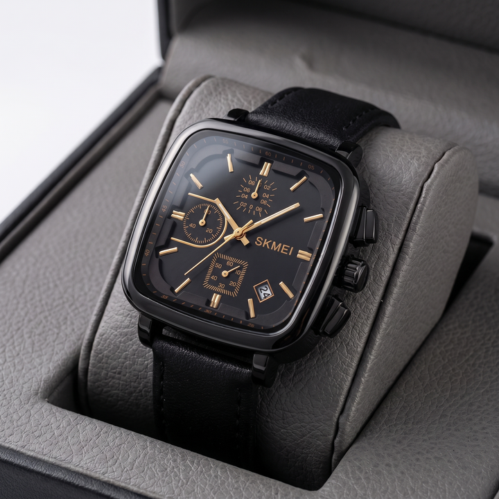 Stylish men's accessory: modern square dial quartz watch in minimalist design. Gold, silver, or black finish.
