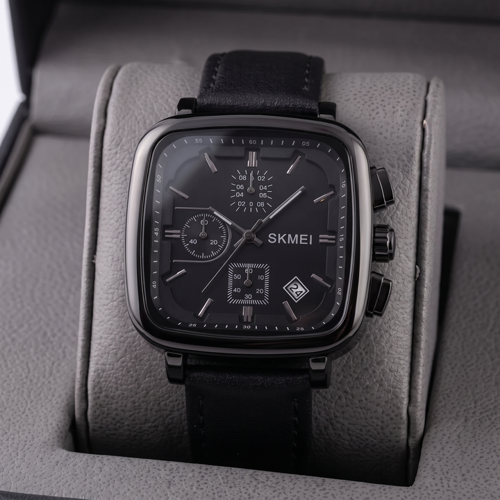 Close-up of a sleek men's modern square dial quartz watch. Minimalist, water-resistant, and durable.