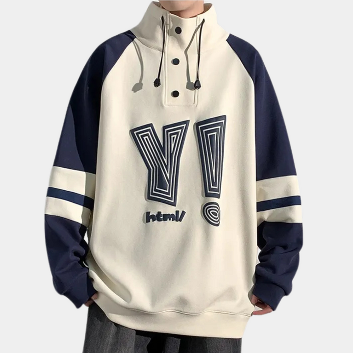 Men's modern stand-up collar sweater, tailored fit, long sleeve pullover for versatile casual and smart casual style.