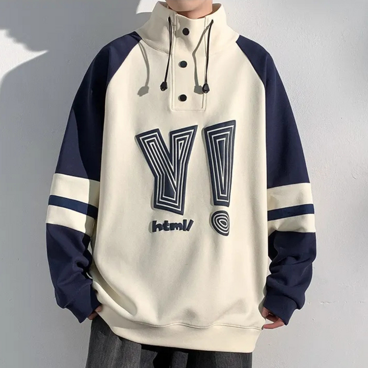 Effortless style with this men's modern stand-up collar sweater. Tailored fit, long sleeve, comfortable pullover.