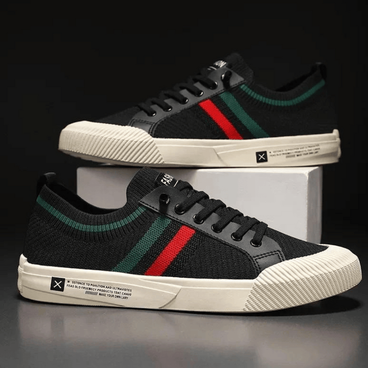 Top view of sleek men's modern street runner sneakers, offering comfortable, contemporary footwear for urban street style.
