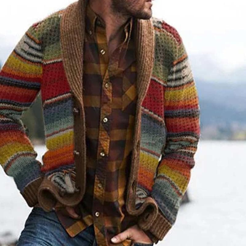 Men's modern striped cardigan in comfortable knitwear. Perfect for casual layering, fall fashion, & effortless style.