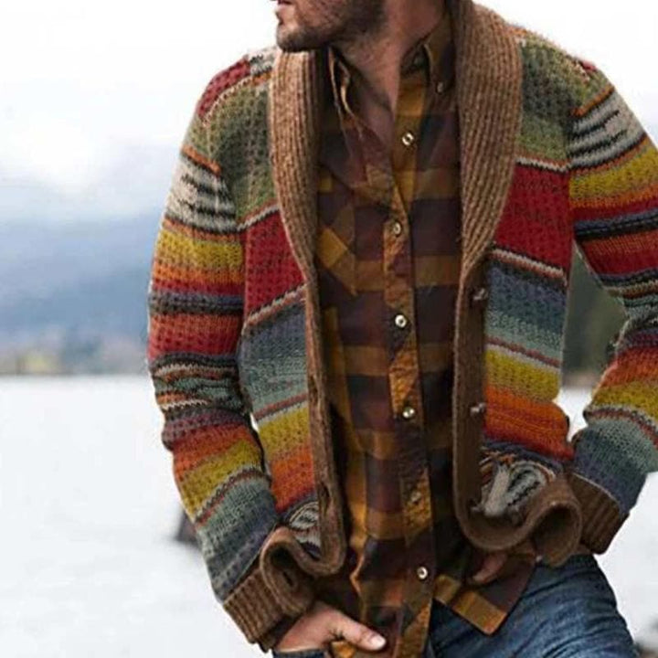 Yellow men's striped open-front cardigan. Stylish, comfortable modern knitwear for casual wear & versatile layering.