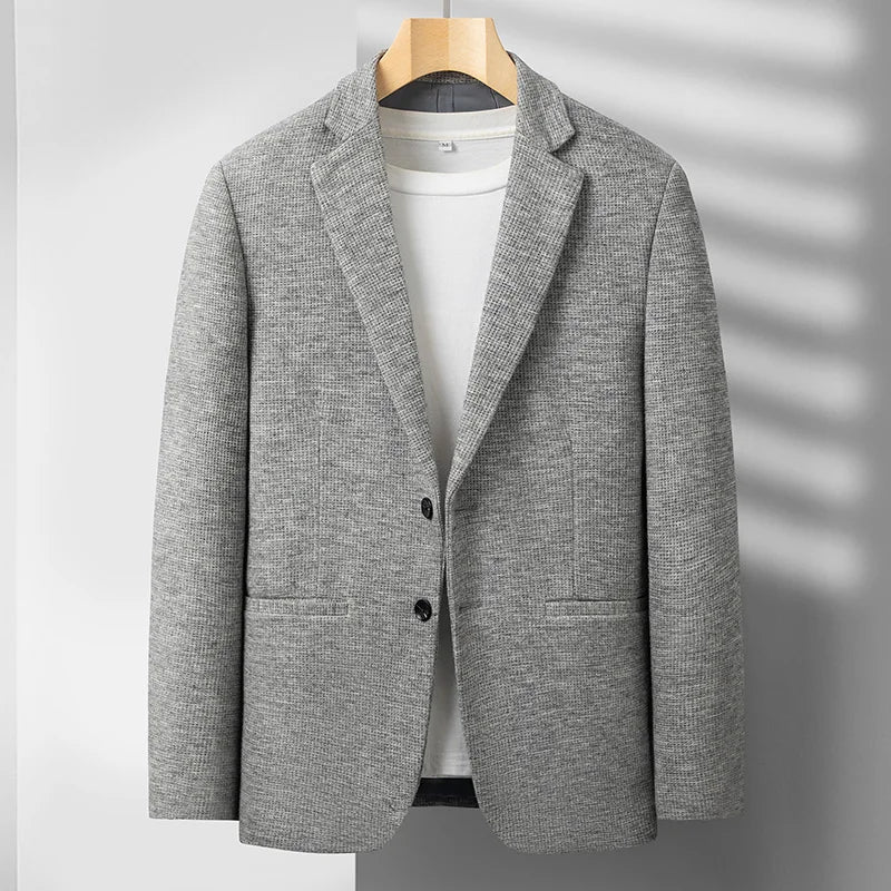 Men's modern tailored fit navy blazer jacket, perfect for business, formal, or smart casual wear.