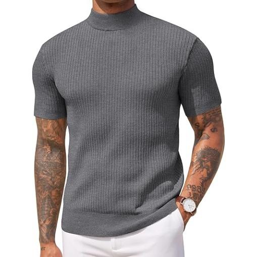 Men's modern tailored mock neck top, short sleeve, perfect for smart casual & everyday wear.
