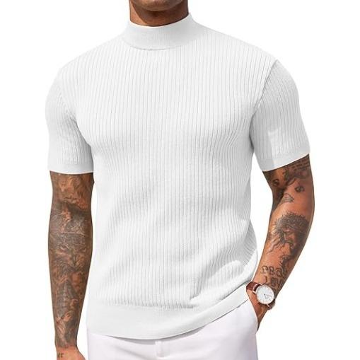 Versatile men's short sleeve mock neck top, tailored fit for a modern, elevated smart casual look.
