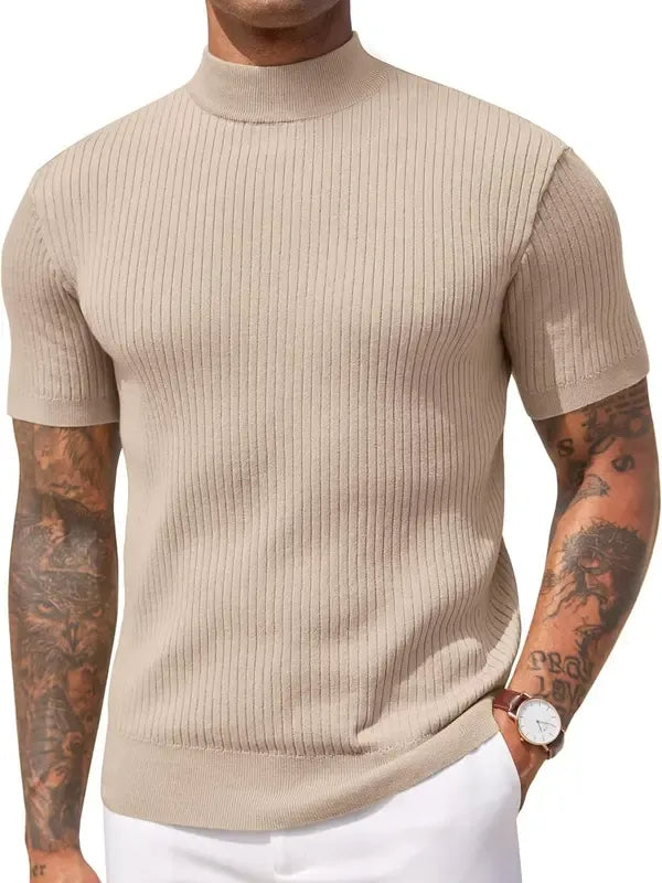 Structured men's tailored mock neck top with short sleeves, modern fit, ideal for contemporary fashion.