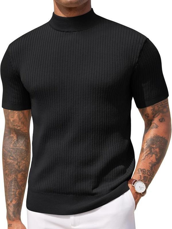 Man wearing a sleek, modern tailored short sleeve mock neck top, perfect for an elevated smart casual outfit.