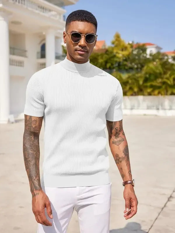 Refined men's tailored mock neck shirt, short sleeve, modern fit for an elevated everyday and smart casual style.