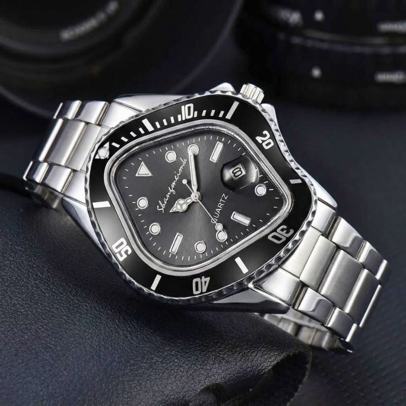 Men's modern watch with an abstract distorted dial, stainless steel case & band.