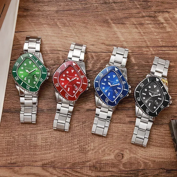Fashionable men's abstract watch, stainless steel, unique distorted dial timepiece.