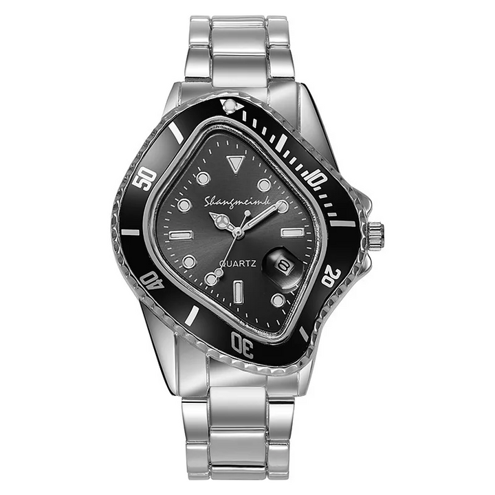 Elegant men's quartz watch, abstract dial, modern accessory, stainless steel band.