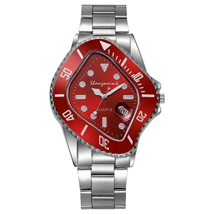 A unique men's accessory: abstract distorted dial watch, quartz movement, stainless steel.