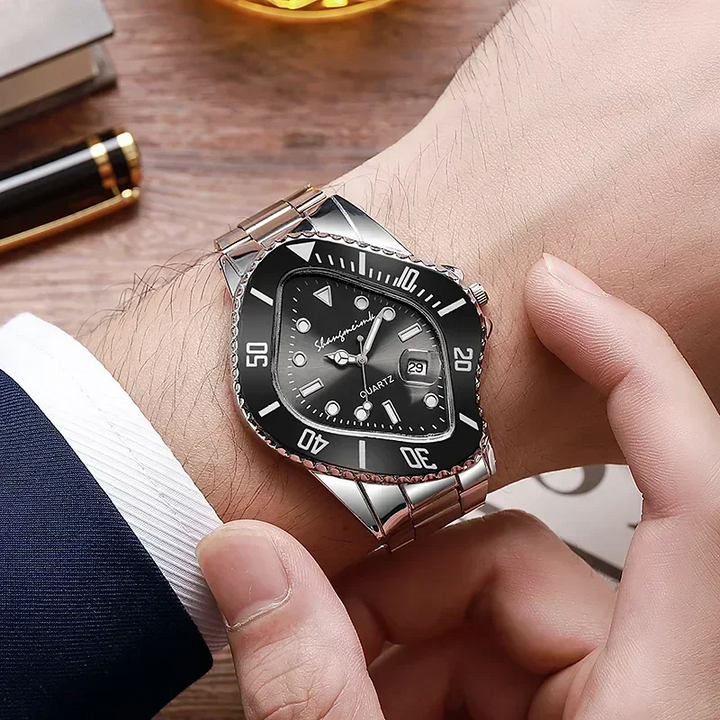 Stylish men's watch, modern design, distorted abstract dial, stainless steel.