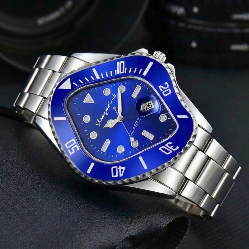 Abstract dial men's watch, unique fashion timepiece, stainless steel casing.