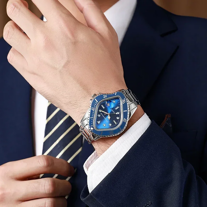 Men's fashion watch, unique abstract dial, stainless steel, accurate quartz movement.