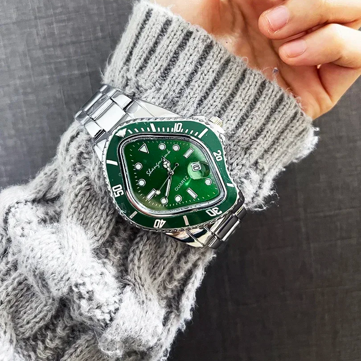 Stainless steel men's watch featuring an abstract, distorted modern dial.