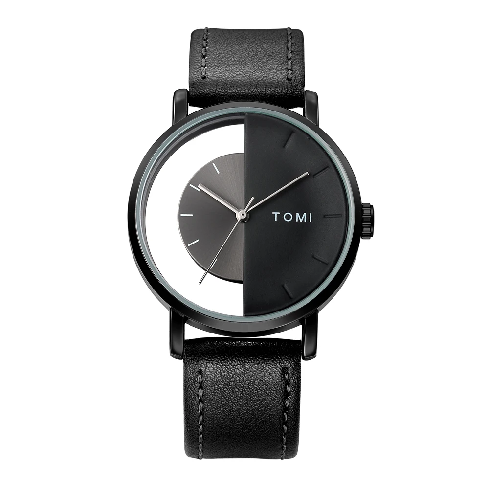 Men's modern watch with unique eclipse design dial and rich genuine leather strap.