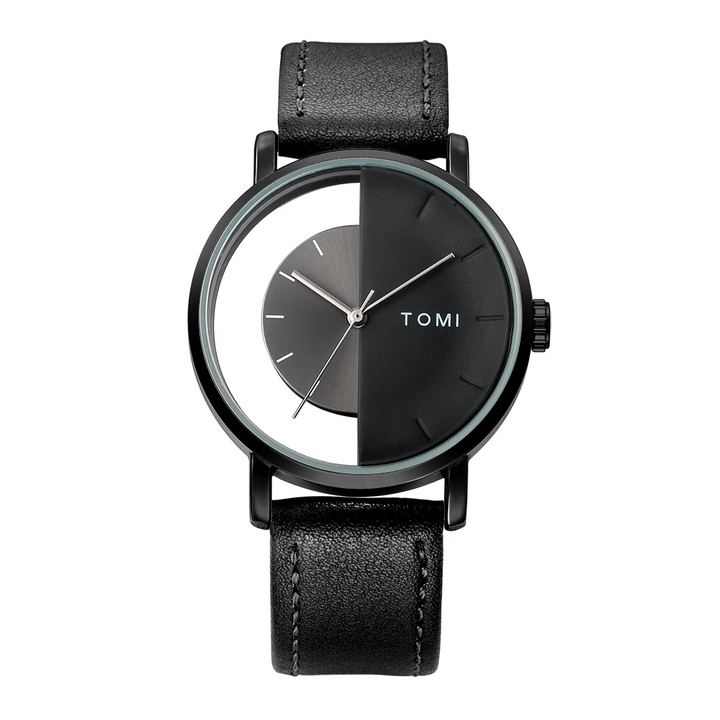 Men's modern watch with unique eclipse design dial and rich genuine leather strap.