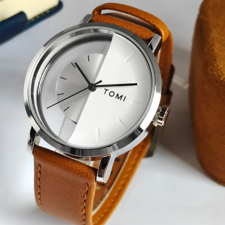 Stylish men's timepiece with a distinctive eclipse design and a comfortable leather strap.