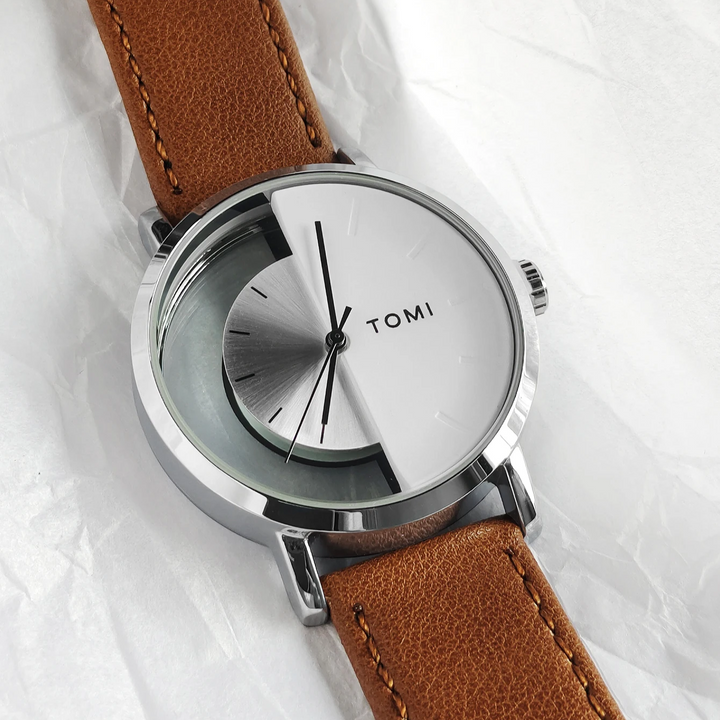 Men's watch showcasing a sleek modern eclipse design on its dial & genuine leather band.
