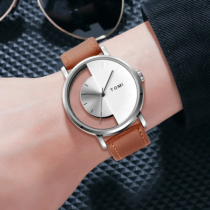 A classic yet modern men's watch with an innovative eclipse design and a genuine leather strap.