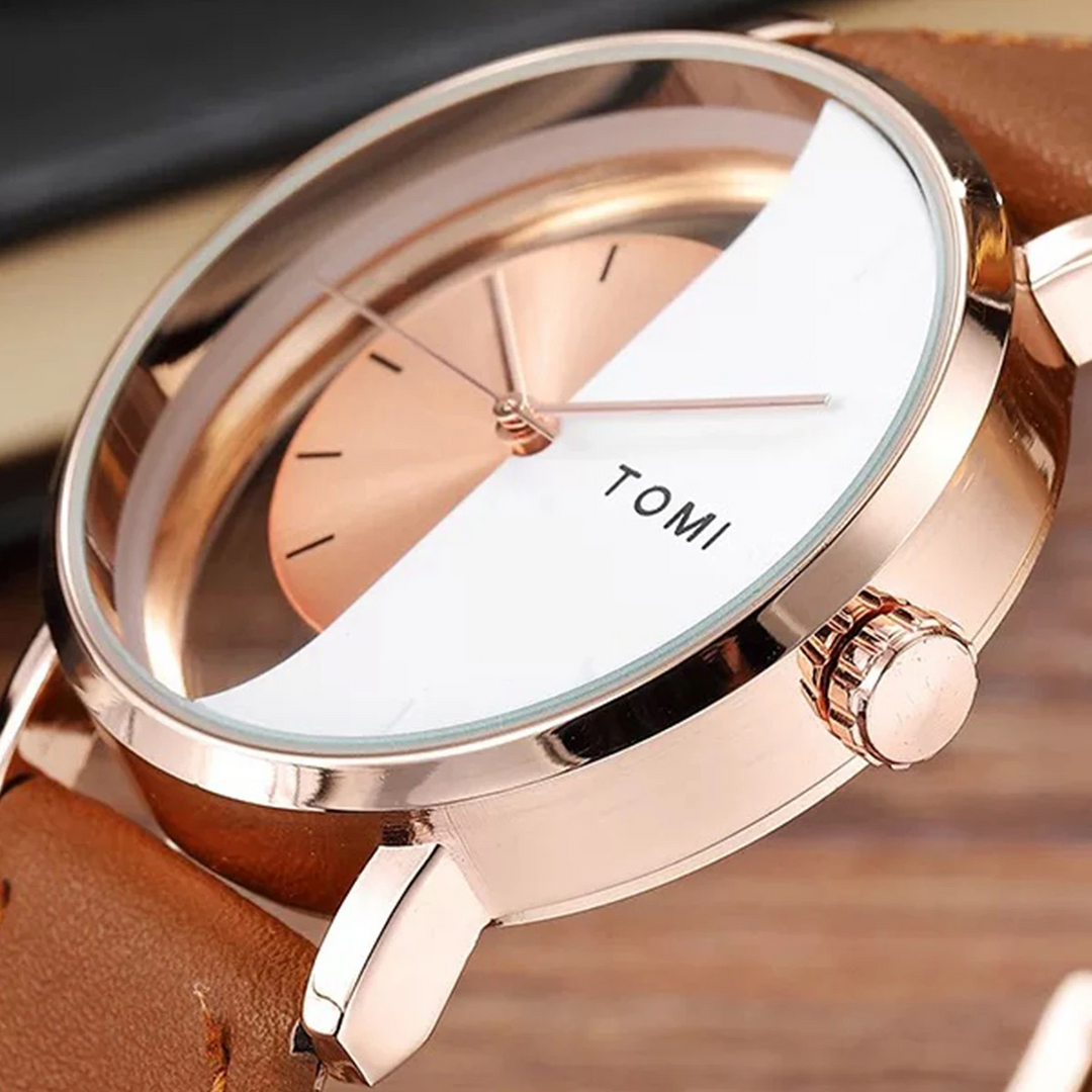 Modern men's analog watch, a statement piece featuring an eye-catching eclipse design & leather.