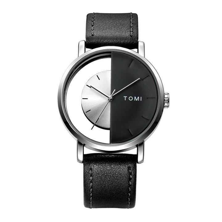 Men's watch: genuine leather strap, modern design, and a captivating eclipse-inspired dial.
