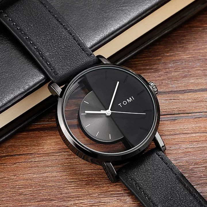 Stylish men's analog timepiece featuring a bold eclipse design & premium leather band.