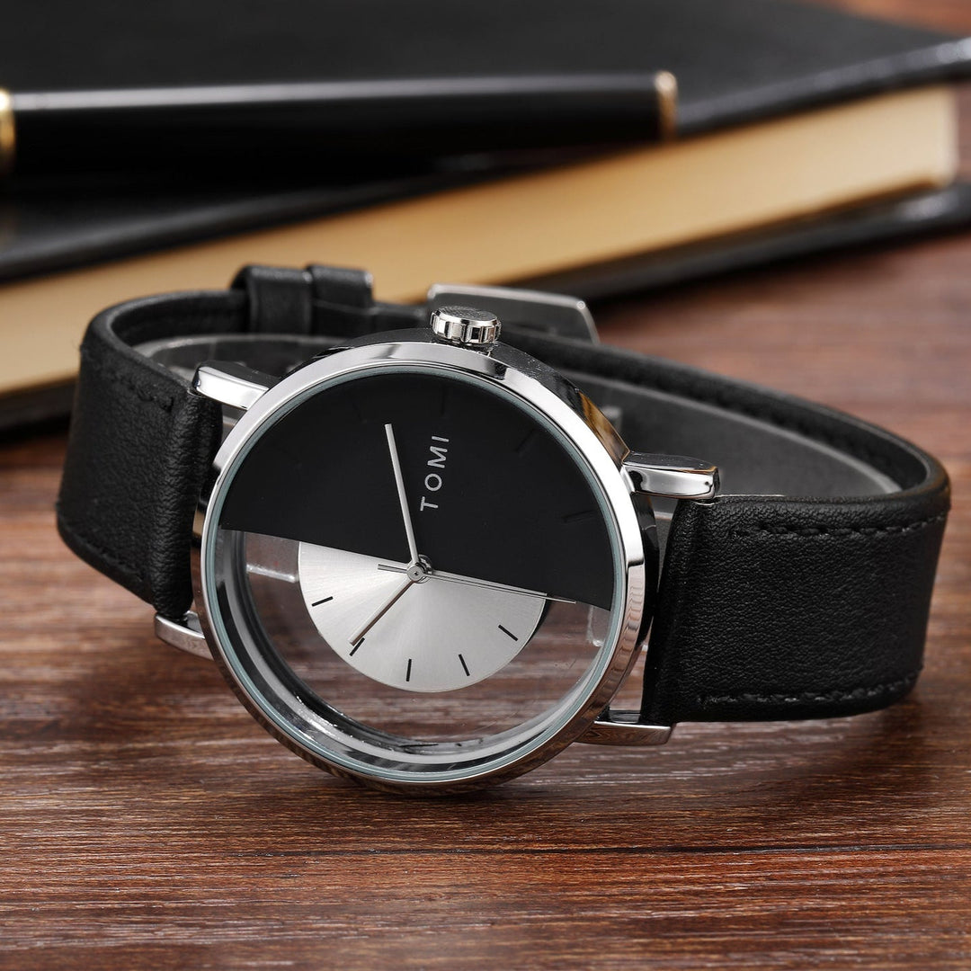Sleek men's modern watch, featuring a unique eclipse design dial and a genuine leather band.