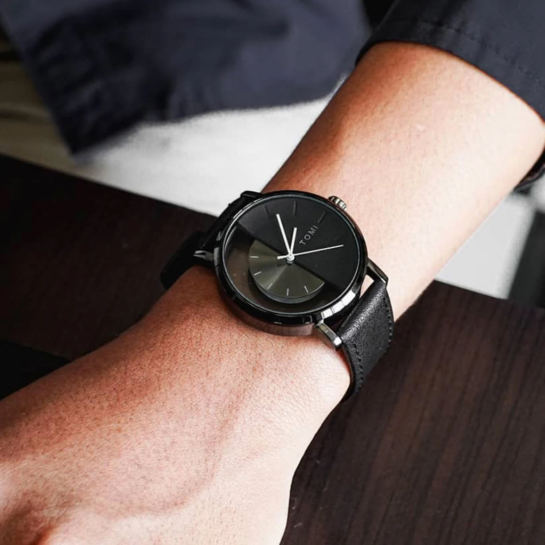 Genuine leather strap watch for men, showcasing a sleek modern eclipse dial design.