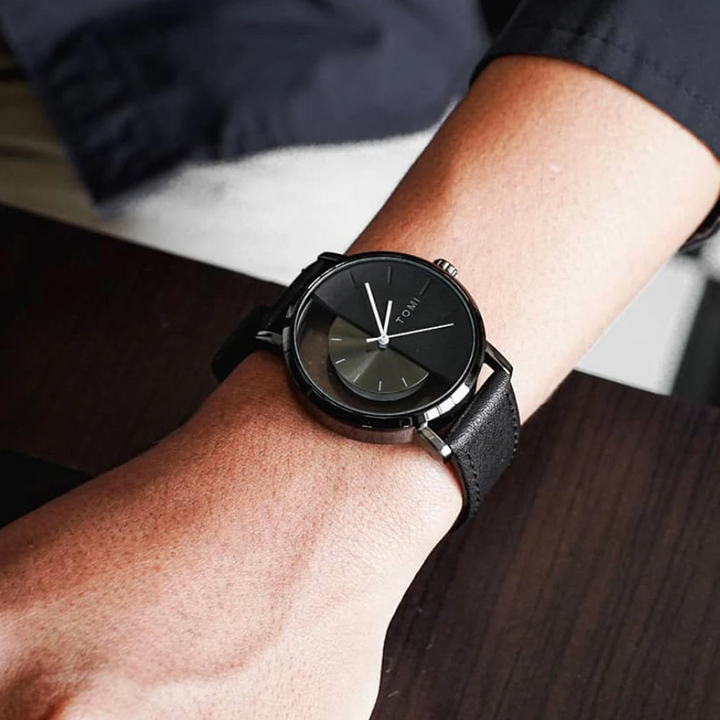 Genuine leather strap watch for men, showcasing a sleek modern eclipse dial design.