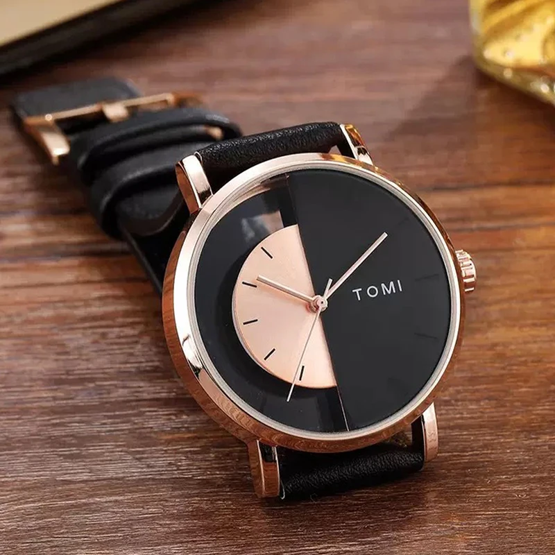 Close-up of a men's statement watch with innovative eclipse design and genuine leather.