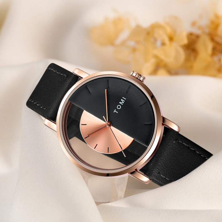 Elegant men's watch, a modern timepiece with an eclipse-inspired face & leather strap.