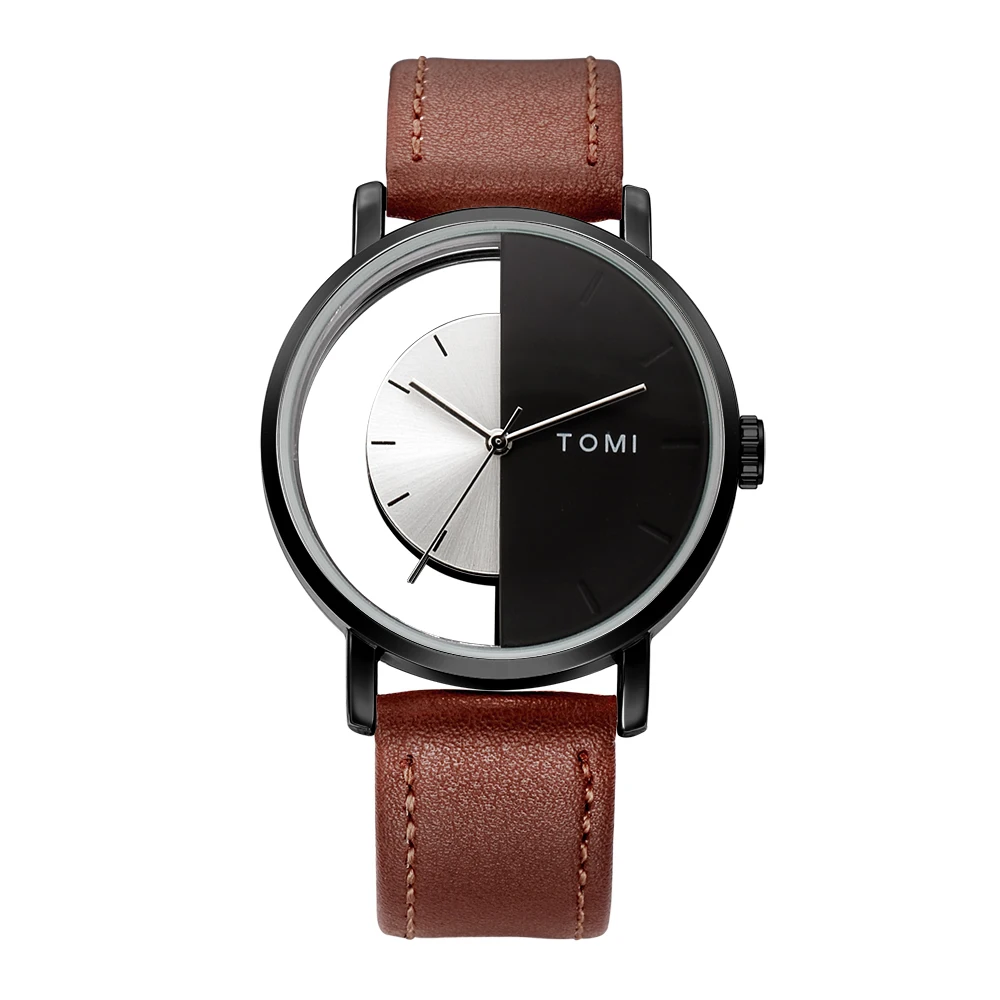 Fashionable men's accessory: modern watch with unique eclipse dial & leather strap.